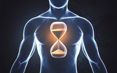 Hourglass glowing inside human body. biological clock concept