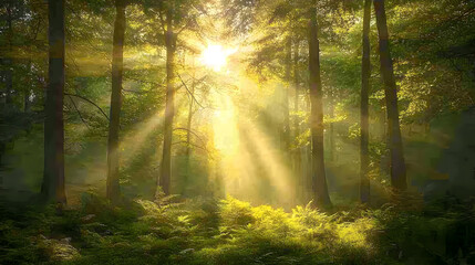 Fototapeta premium A peaceful forest scene characterized by towering trees, vibrant greenery, and gentle sunlight filtering through the leaves.