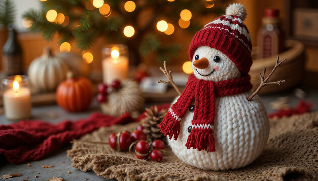 Christmas snowman figurine wearing a red scarf and hat with festive background decorations