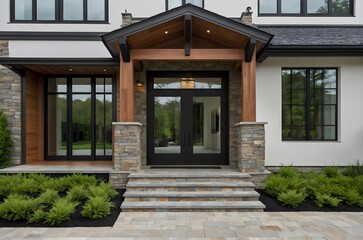 A modern home showcasing stone steps and a wooden front door, complemented by a gabled porch and classic columns.