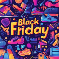 pop art-inspired illustration "Black Friday Sale", colorful letters on an oversized sign. The background is filled with various fashion items like and shoes, bags, accessories, t-shirts and jeans