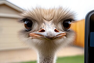 Baby ostrich with its head turned to the side. The bird has a curious look on its face. Selfie of a ostrich animal bird wildlife.