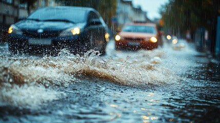 Fototapeta premium A rainy day scene with cars driving through flooded streets, splashing water in urban surroundings under cloudy skies.