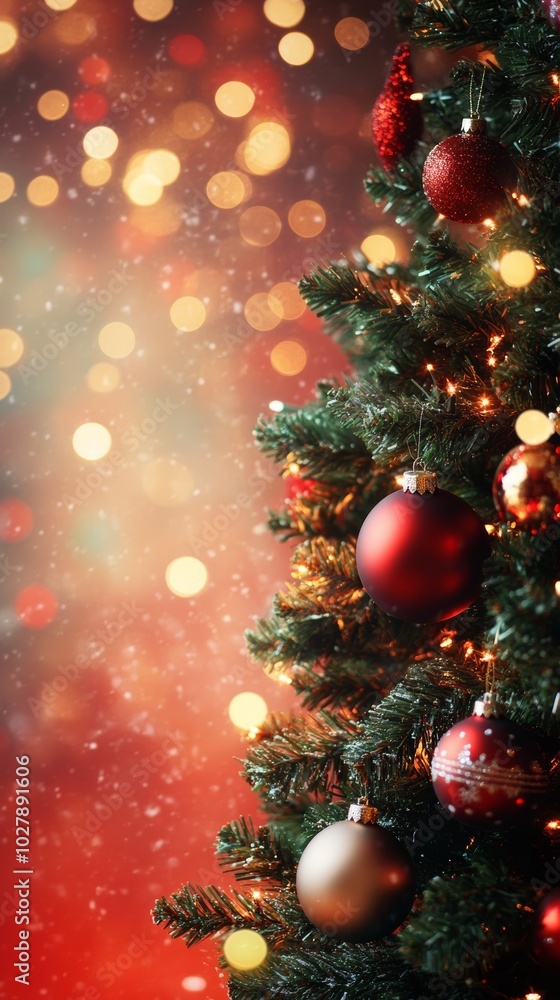 Poster christmas tree decorated with red baubles and twinkling lights, with a red and gold bokeh background