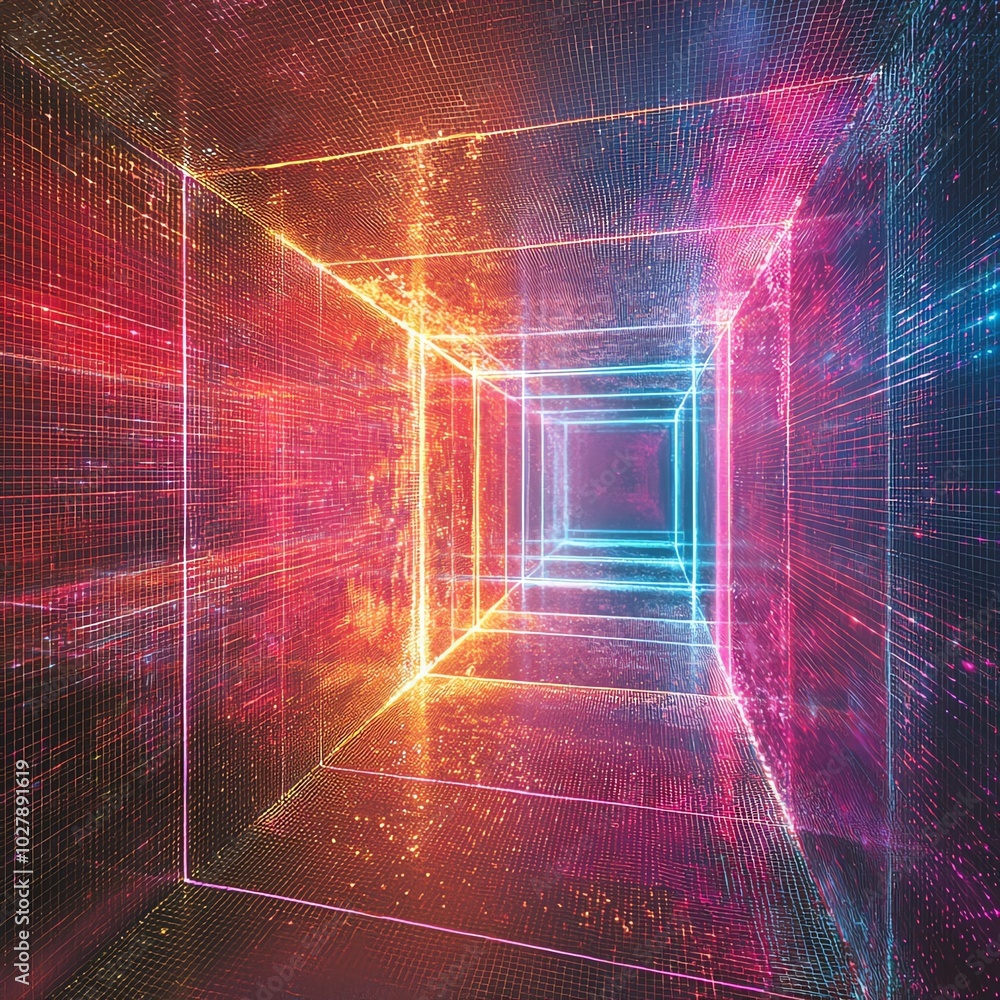 Poster a vibrant digital tunnel with glowing neon lights, creating a mesmerizing sense of depth and futuris