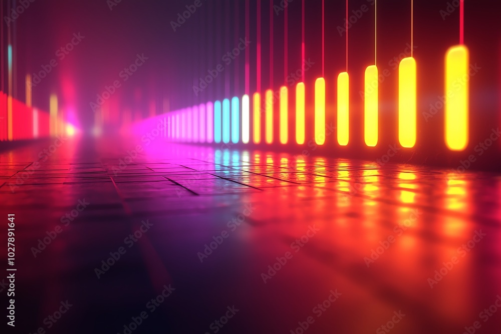 Poster abstract composition of colorful neon lights reflecting on a surface, creating a vibrant and dynamic