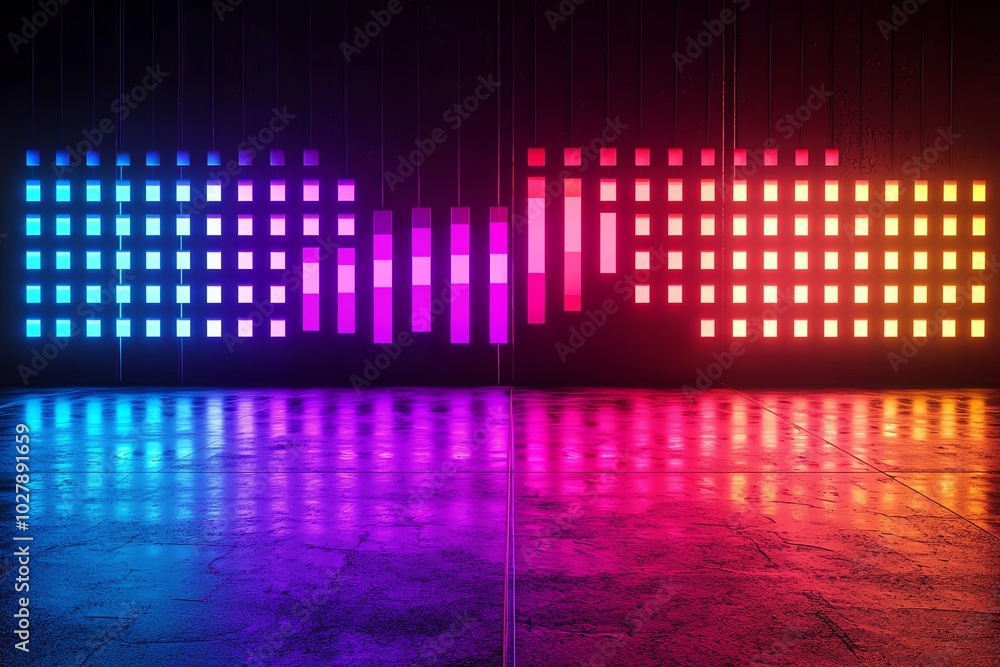 Poster a vibrant audio visualization with colorful bars depicting sound waves in a reflective environment, 