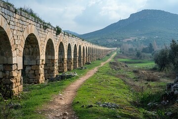 Obraz premium A scenic view of an ancient stone aqueduct surrounded by greenery, leading towards a distant mountain under a cloudy sky.