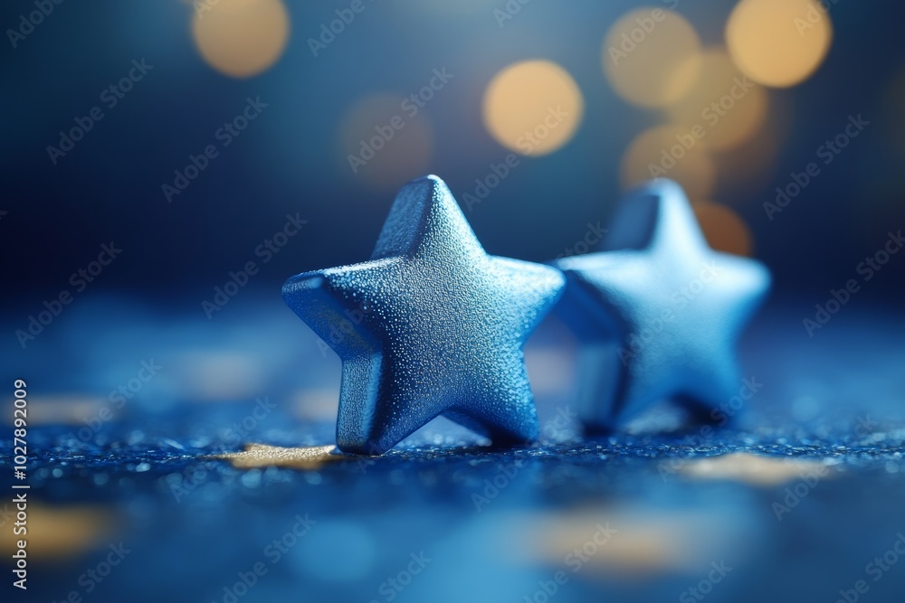 Poster 2 blue stars on a black object. object has colorful look. rating slider bar with five star rating of