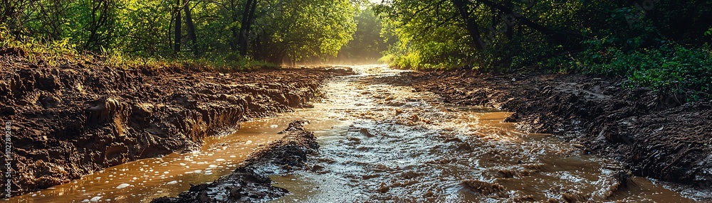 Aufkleber tranquil stream flowing through lush greenery, illuminated by soft sunlight, creating a serene and p