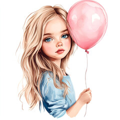 A sad girl in a blue shirt holds a pink balloon in her hands. 