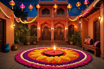  Diwali Festival Celebration - a beautifully decorated traditional tamil home at night 