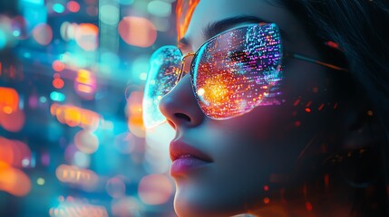 A portrait of a stylish woman wearing sunglasses with vibrant reflections, showcasing a modern and futuristic city vibe.