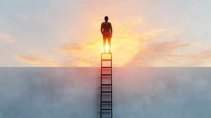 Person at the top of a ladder, looking over horizon at sunset