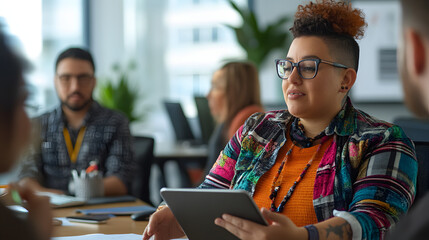 Obraz premium A nonbinary employee confidently sharing ideas in a meeting using assistive technology on their tablet while colleagues listen and take notes in a modern office.