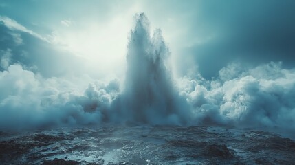 Naklejka premium A breathtaking view of a powerful ocean wave crashing against rocks, creating a dramatic spray under a cloudy sky.