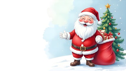 Obraz premium Santa Claus, Christmas tree and bag with gifts. Copy space. Banner.