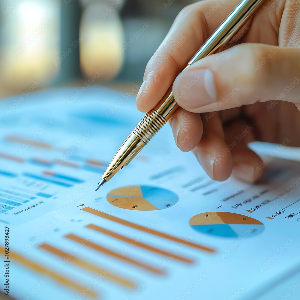 Poster close-up of a hand holding a pen, analyzing business graphs and charts on a document, showcasing dat