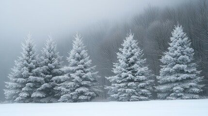 A serene winter landscape featuring snow-covered trees against a foggy background