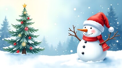 Obraz premium Snowman with Santa hat and Christmas tree. Banner. Copy space in the middle. Forest in the background.