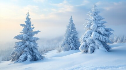 Fototapeta premium A serene winter landscape featuring snow-covered trees against a foggy background