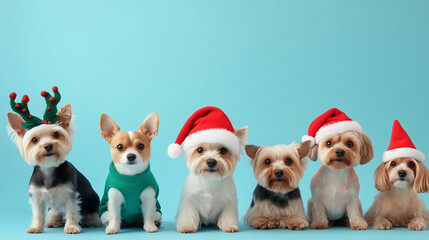 A fun and festive lineup of dogs dressed in holiday-themed costumes. From a reindeer dog to one wearing a Santa hat, this group of pups is full of personality and holiday cheer, ma