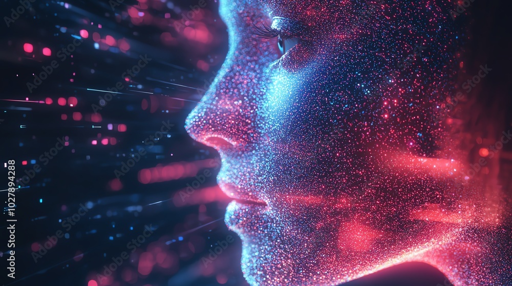 Poster an ethereal digital portrait showcasing a futuristic face illuminated with vibrant particles and glo
