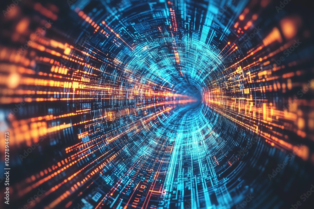 Poster abstract digital tunnel with vibrant blue and orange lights, representing data flow and technology i