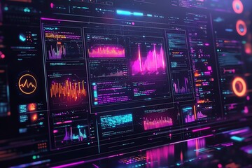 Fototapeta premium Futuristic digital interface showcasing vibrant graphs and data visualizations in neon colors, perfect for tech and data projects.