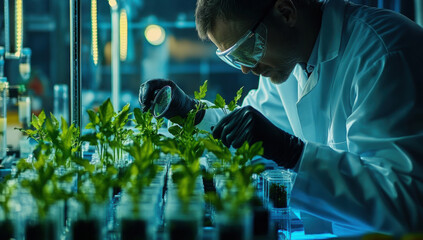 Scientists conducting experiments on plants in a lab, focusing on plant growth and biotechnology in a controlled environment.
