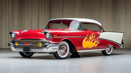 Red American vintage car with red flame designs on the side, round headlights, curved windshield, parked against a neutral background, emphasizing its classic style and vibrant colour. AR 16:9