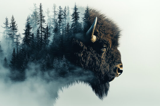 Double exposure of bison and forest in a misty landscape