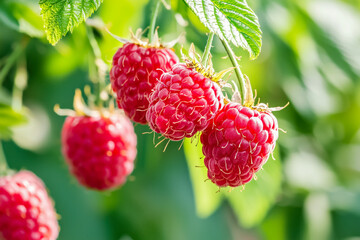 Ripe red raspberries nestled among green leaves on a branch