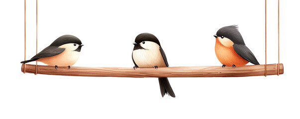 Three colorful birds perched on a wooden branch against a white background. transparent background watercolor style