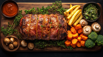 A succulent, perfectly roasted beef tenderloin tied with butcher's twine, resting on a rustic wooden board. Crispy golden fries, sautéed mushrooms, roasted carrots, fresh broccoli, and aromatic herbs.