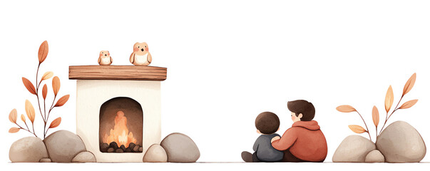 Two boys sitting by a cozy fireplace with birds, nature elements around. transparent background watercolor style