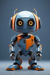 Robot with headphones isolated on blue background. 3D rendering.