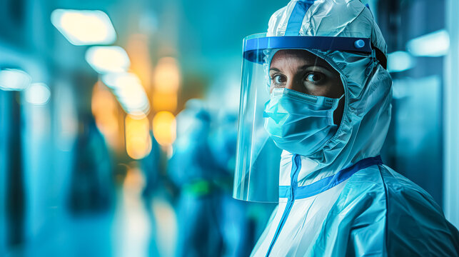 Woman in a blue and white protective suit is standing in a hospital hallway. She is wearing a face mask and a clear plastic shield over her face. Concept of caution and safety