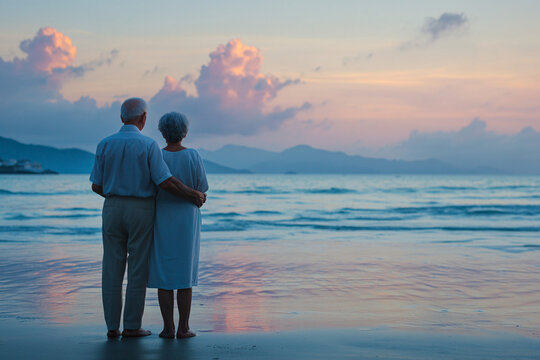 An elderly couple stands by the beach embracing each other while watching the serene ocean at sunset with soft clouds in the sky
