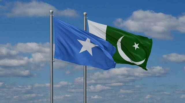 Pakistan and Somalia flags flying together, video concept of the relationship, two country relations concept