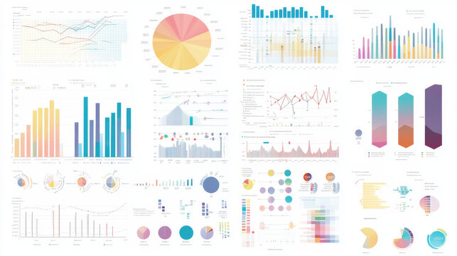 Different kinds of graphs and charts, like bar charts, column graphs, line graphs, Gantt charts, waterfall charts, Venn diagrams, pyramids, and pie charts.