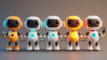 Obraz premium Five colorful robots with friendly expressions, showcasing technology and design.