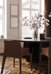 Frame mockup in modern dining room interior with flowers on the table and chairs, 3d render