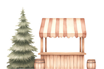 Wooden market stall with striped awning and evergreen tree, white isolated background. transparent background watercolor style