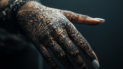 Obraz premium Intricate henna design adorns a hand, showcasing delicate artistry and cultural expression in rich detail.