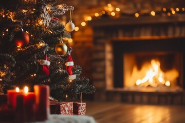 Beautiful Christmas gift boxes on floor near fir tree in room