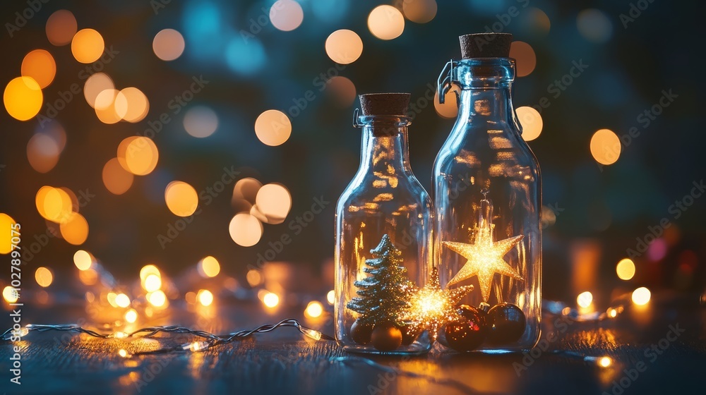 Poster Glowing bottles with a star and small tree inside, set against a bokeh light background for a magical holiday scene.
