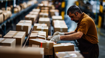 Man in a yellow shirt is working in a warehouse, lifting boxes. The boxes are stacked high and the man is wearing a hat