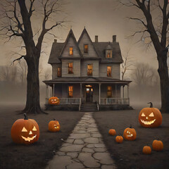 halloween pumpkin and hanted house scary background art