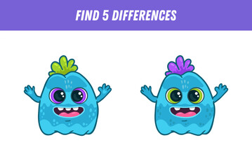 Find 5 differences between two pictures of funny blue monster. Cute alien. Vector illustration